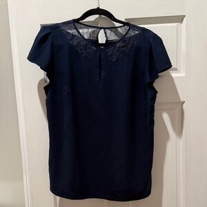Ann Taylor Navy Lace Yoke Flutter Sleeve Blouse